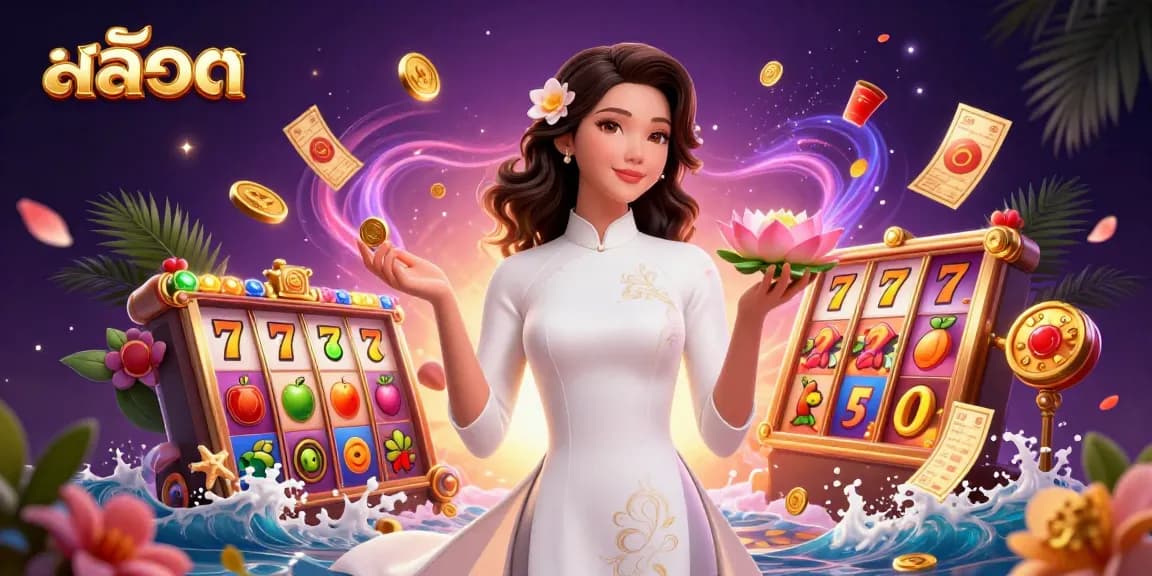 Spin the reels of สล็อต with vibrant scenes of slot machines, jackpots, and festive gaming elements.