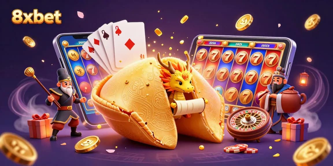 Experience 8xbet's dynamic gaming with vibrant visuals of fortune cookies, gold, and slot games.