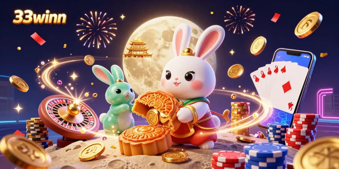 Experience the excitement of 33winn with the moon rabbit revealing poker chips amidst vibrant casino elements.