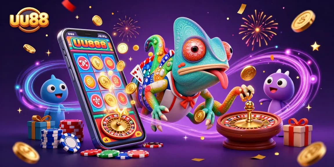 uu88 casino owner chameleon captures coins among vibrant slot games and poker elements