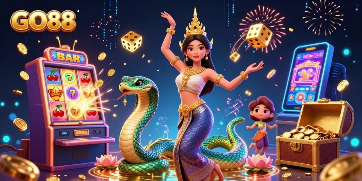 Spin jackpots and win with GO88, featuring a vibrant scene of slot machines and celebratory elements.