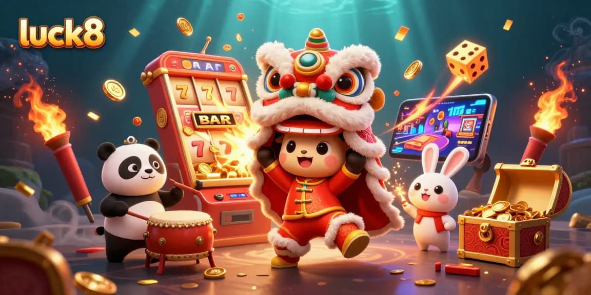 Experience the excitement of luck8 in a vibrant lion dance scene with giant jackpots and colorful casino elements.