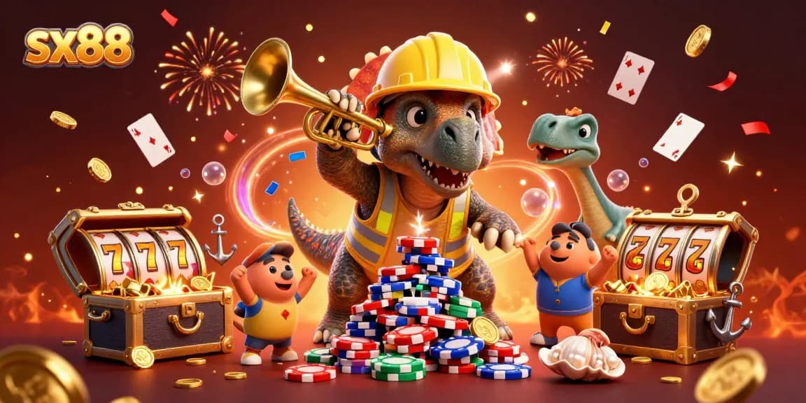 SX88's exciting online casino atmosphere showcases fun characters building poker chip towers and celebrating with vibrant visuals.