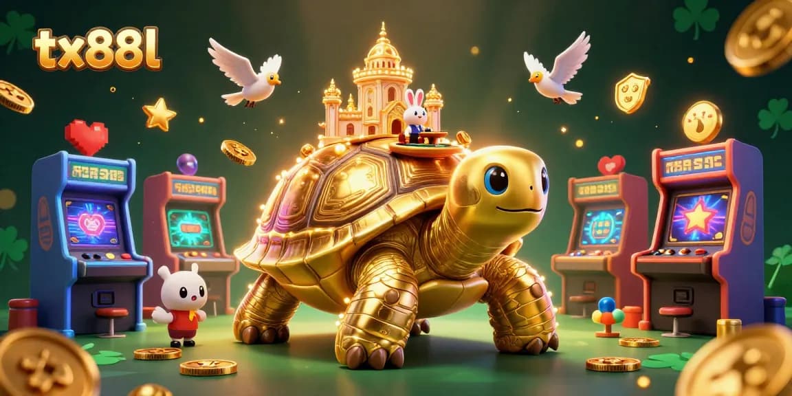 Experience thrilling gameplay with tx88l's vivid casino illustration of a golden tortoise and rabbit dealer.