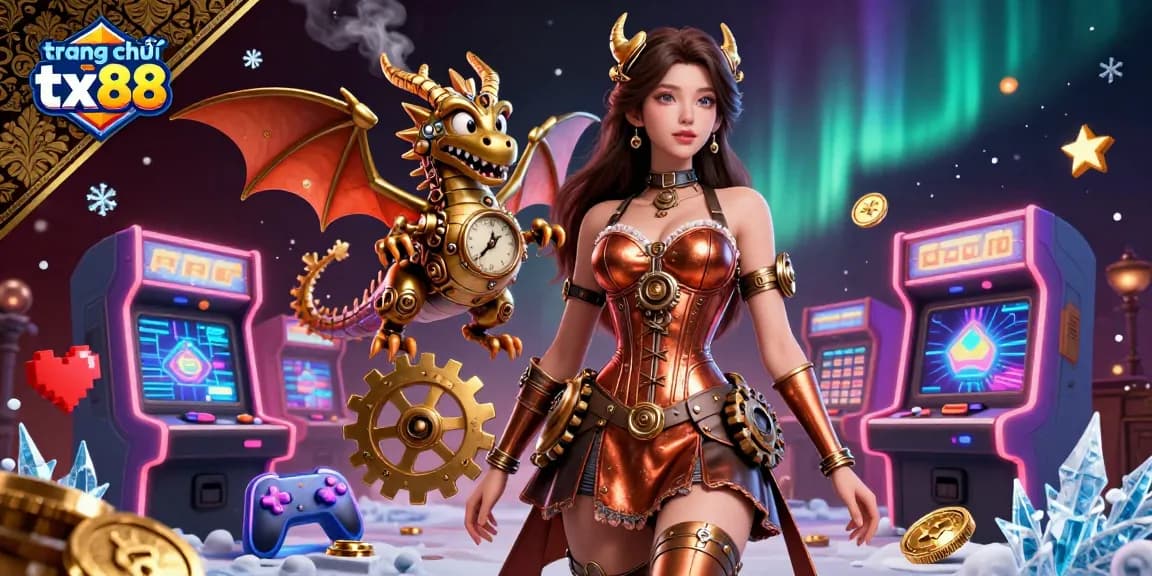 Engage with exciting games at trang chủ tx88, featuring a stunning woman and steampunk dragon in a vibrant casino scene.