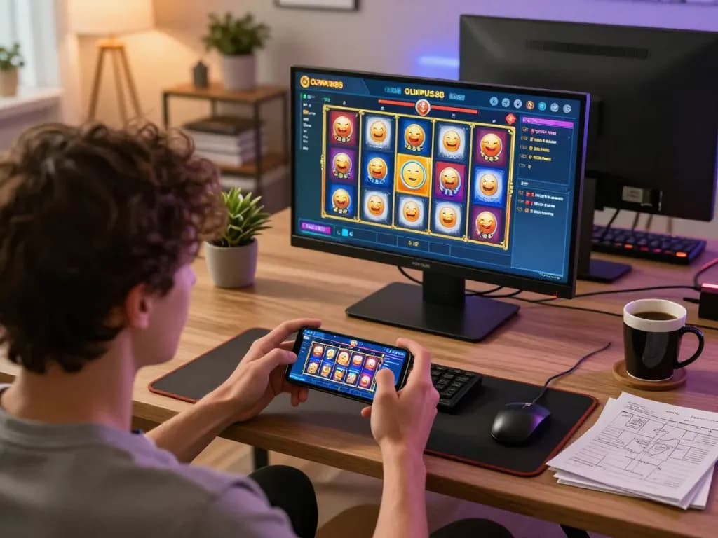 Playing OLYMPUS88 slot game on smartphone in cozy living room with strategy notes nearby