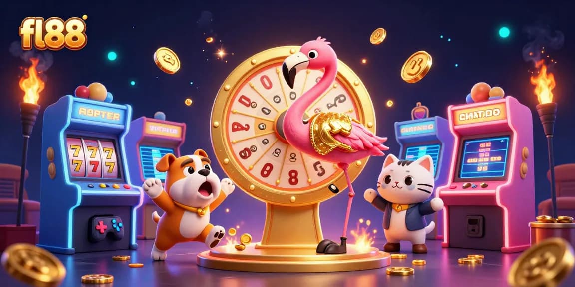 Spinning the fl88 prize wheel in a vibrant casino scene filled with arcade games and winnings.