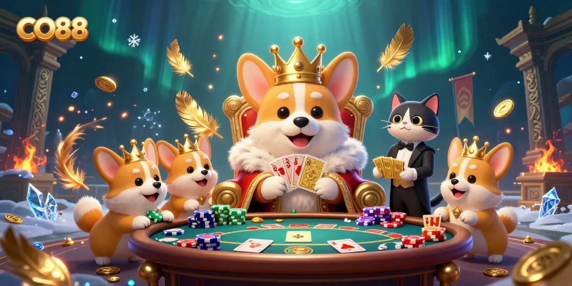 Enjoy exciting card games with CO88 featuring a crowned corgi on a throne of poker chips.