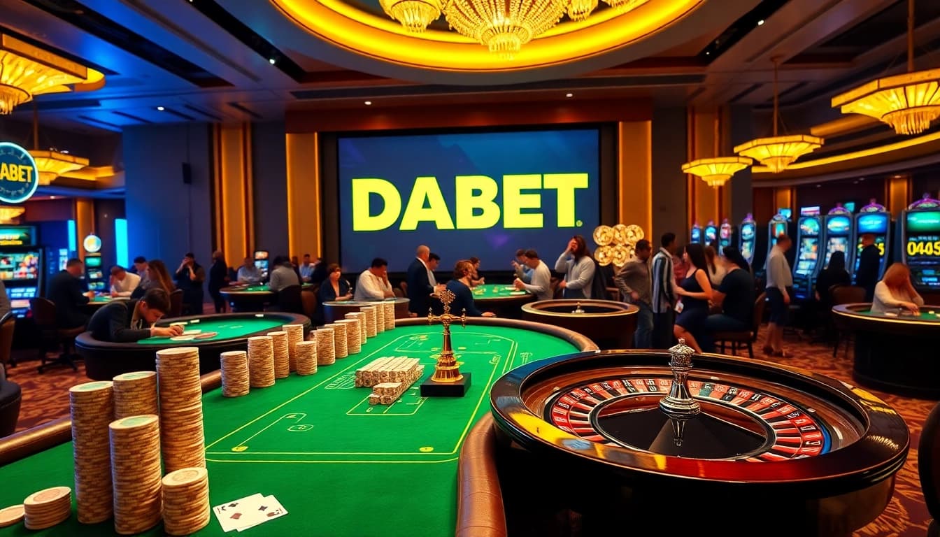 Experience the thrill at DABET, featuring luxurious casino tables and vibrant gambling action.
