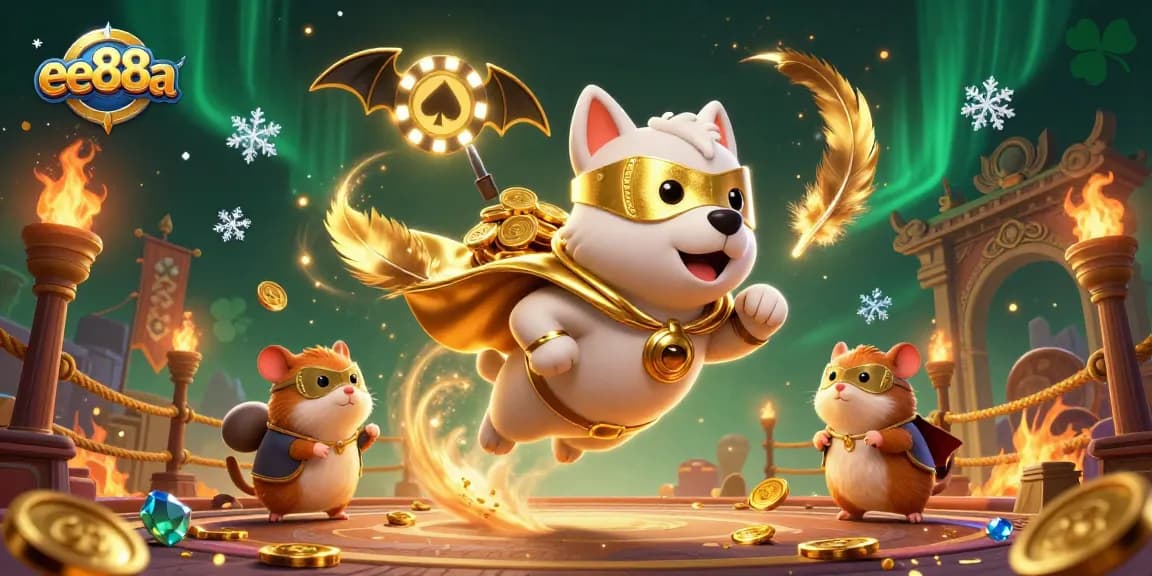ee88a's superhero dog and hamster take flight in a vibrant online casino world of excitement and winning!