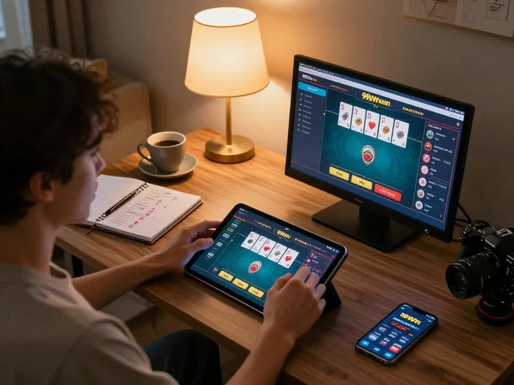 Engaged player enjoying poker gameplay on 99Win tablet in cozy home setup