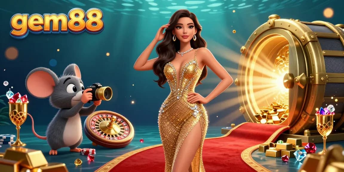 Experience the thrilling action of gem88 with vibrant casino visuals featuring a dazzling woman and playful paparazzi mouse.