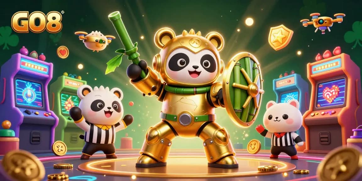 Engage in casino excitement with GO8 featuring a golden panda in a mech-suit battling in a vibrant gaming arena.