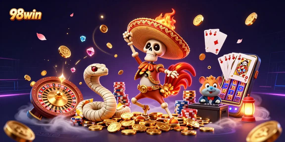 Experience thrilling wins with 98win, featuring dynamic casino characters and vibrant game elements.
