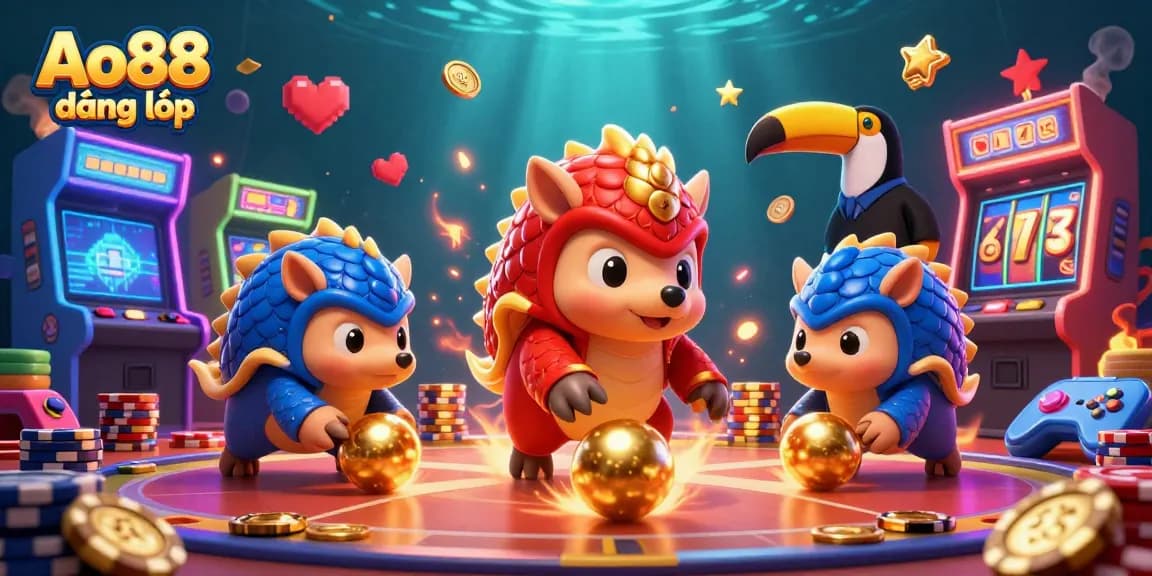 Engage in Ao88 đăng nhập with dynamic 3D pangolins bowling through chips in a casino-themed gaming scene.
