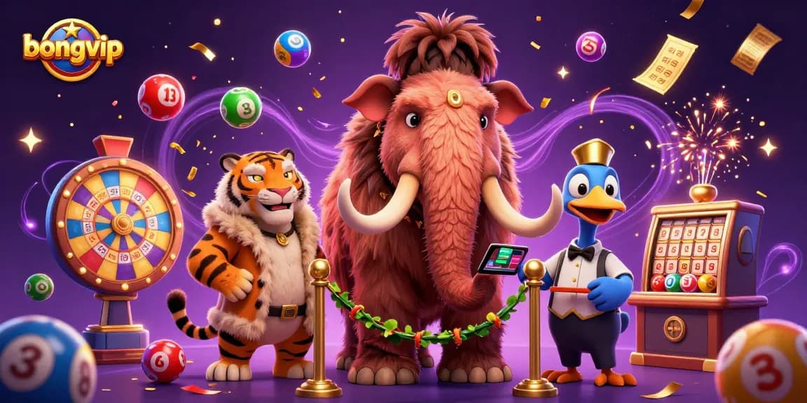 Experience the vibrant world of bongvip with a lively casino scene featuring a unique bouncer, VIP guest, and doorman.