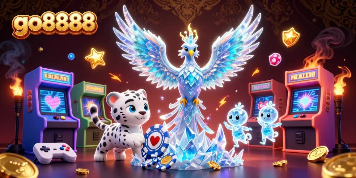 Engage with go8888's vibrant world of gaming featuring an ice phoenix and playful sprites.