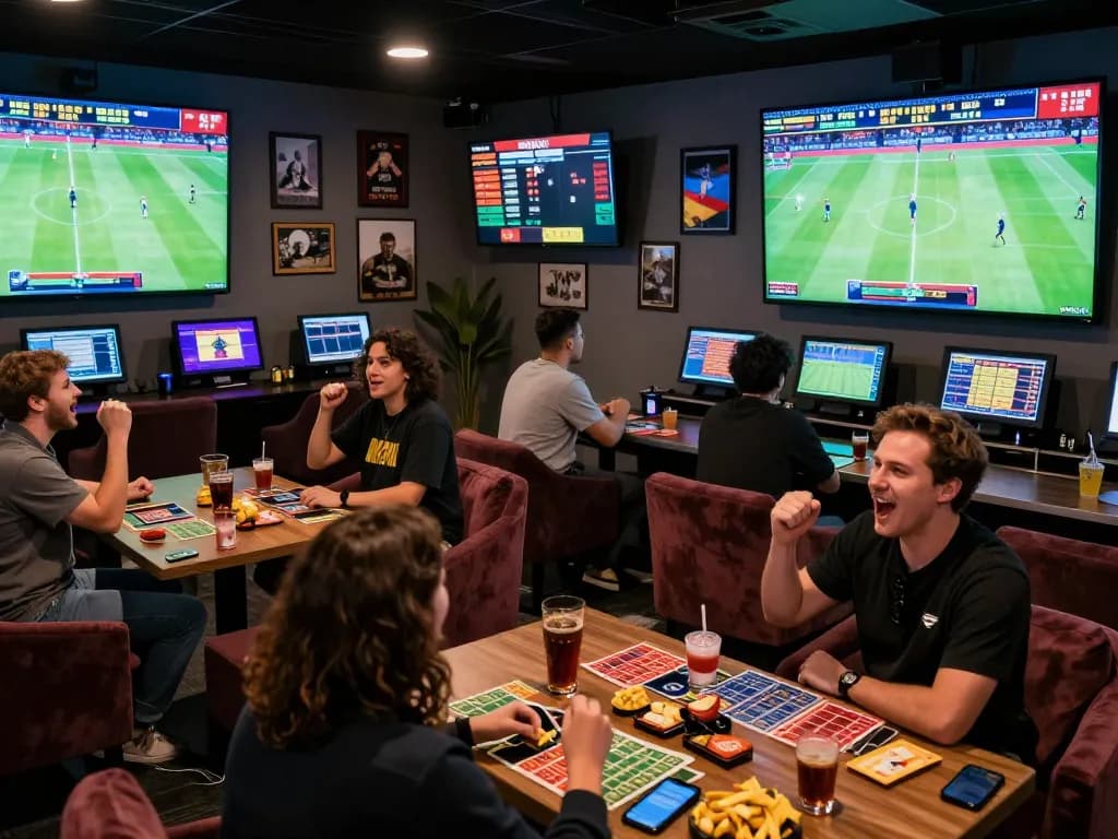 Friends enjoying a vibrant rikbet sports betting lounge atmosphere with live matches showing excitement