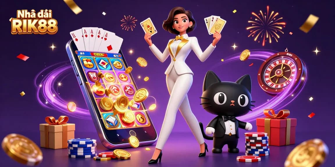 Engage with Nhà cái RIK88 in thrilling casino action featuring vibrant gaming elements and dynamic characters.