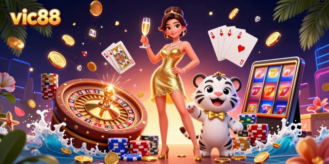 Play with vic88 in a vibrant casino scene featuring a glamorous woman and a lucky tiger cub.