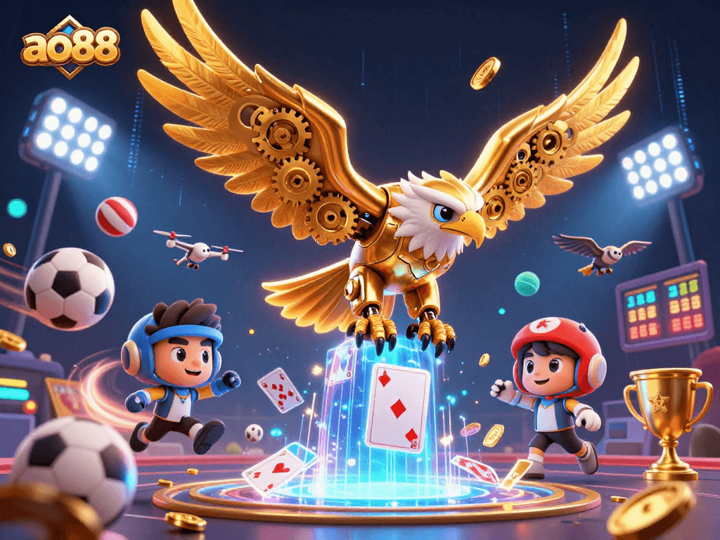 Engage with ao88's immersive gaming world, featuring a golden eagle amidst dynamic sports elements.