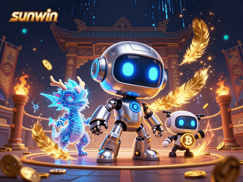 Win big with sunwin in a vibrant casino scene featuring a futuristic robot and a holographic dragon.