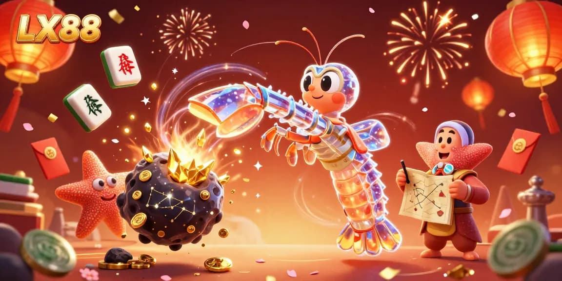 LX88 showcases a vibrant cartoon scene with a galactic samurai shrimp and starfish amid shimmering casino elements.