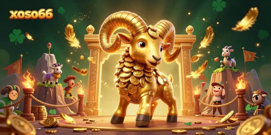 Xoso66 gambling scene depicting a golden ram charging through a vibrant casino arena filled with gold coins and betting tokens.