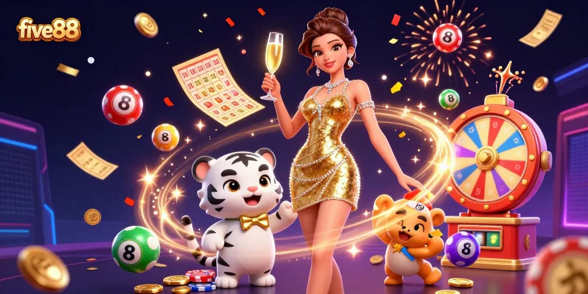 Join the excitement of five88 with a glamorous woman and a lucky tiger cub surrounded by vibrant casino elements.