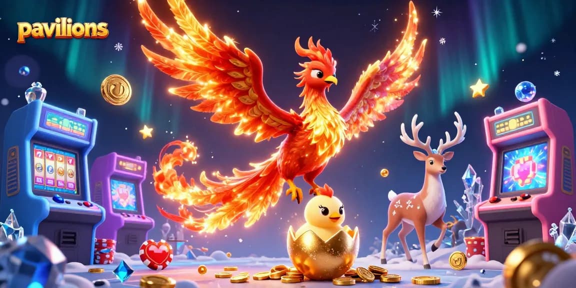 Pavilions showcases a vibrant casino scene with a phoenix, gaming elements, and a mystical stag in a colorful setting.