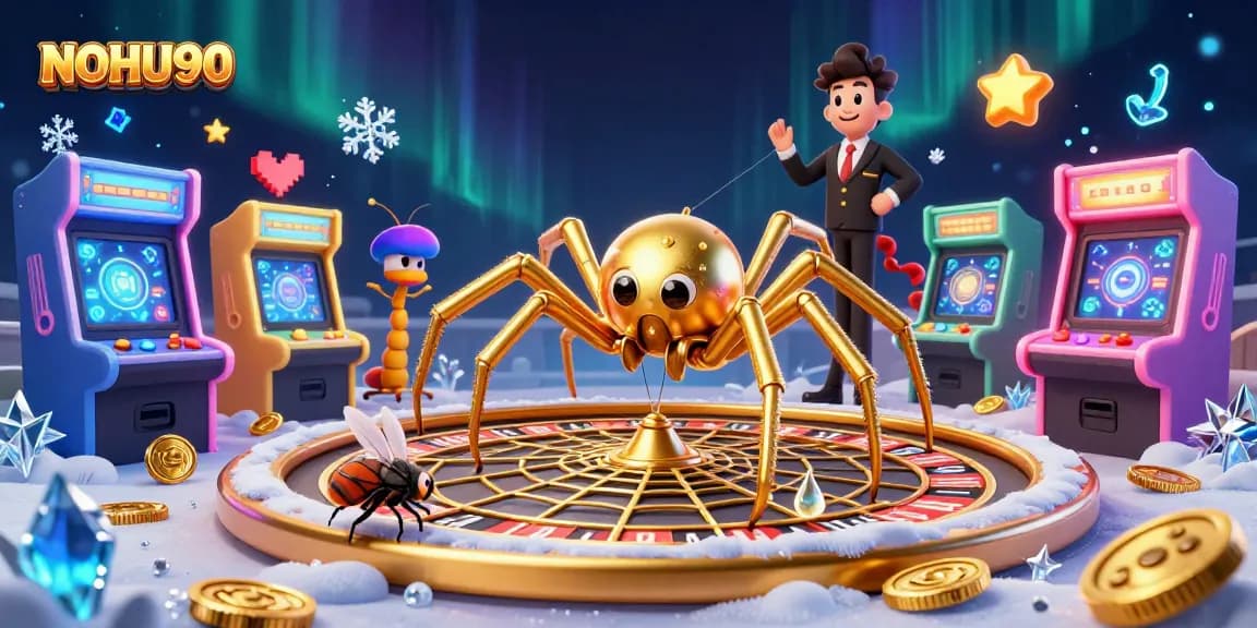 Place your bets with NOHU90 in a vibrant 3D casino scene full of arcade games and excitement.