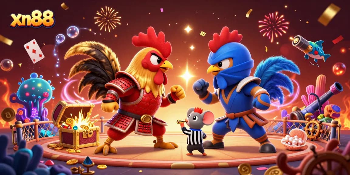 Watch xn88's epic standoff of fighting roosters illustrated with vibrant casino elements.