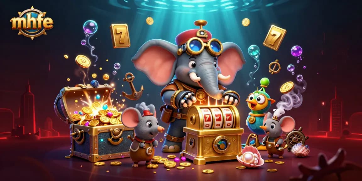 mhfe showcases a lively steampunk elephant at a slot machine, surrounded by glowing treasures and vibrant casino elements.