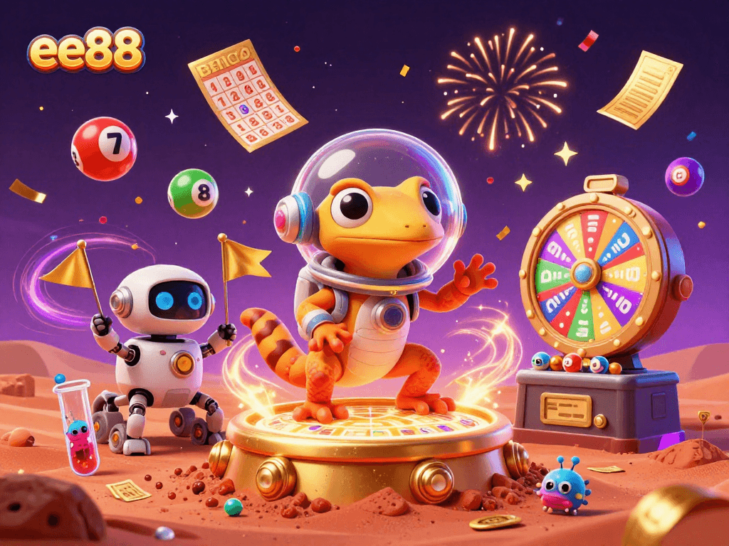 ee88 celebrates with alien characters in a golden casino amidst vibrant gambling elements and lively atmosphere