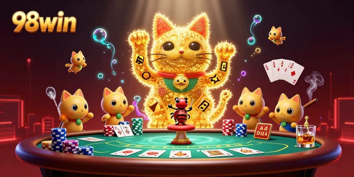 Experience the excitement of 98win with a vibrant illustration of a lucky cat, poker elements, and dynamic casino atmosphere.