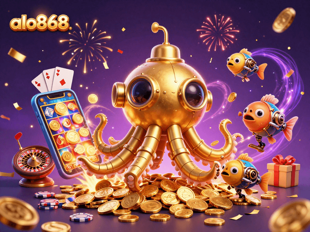 Spin the reels at alo868 with a glorious kraken submarine amid golden coins and exciting gaming elements.