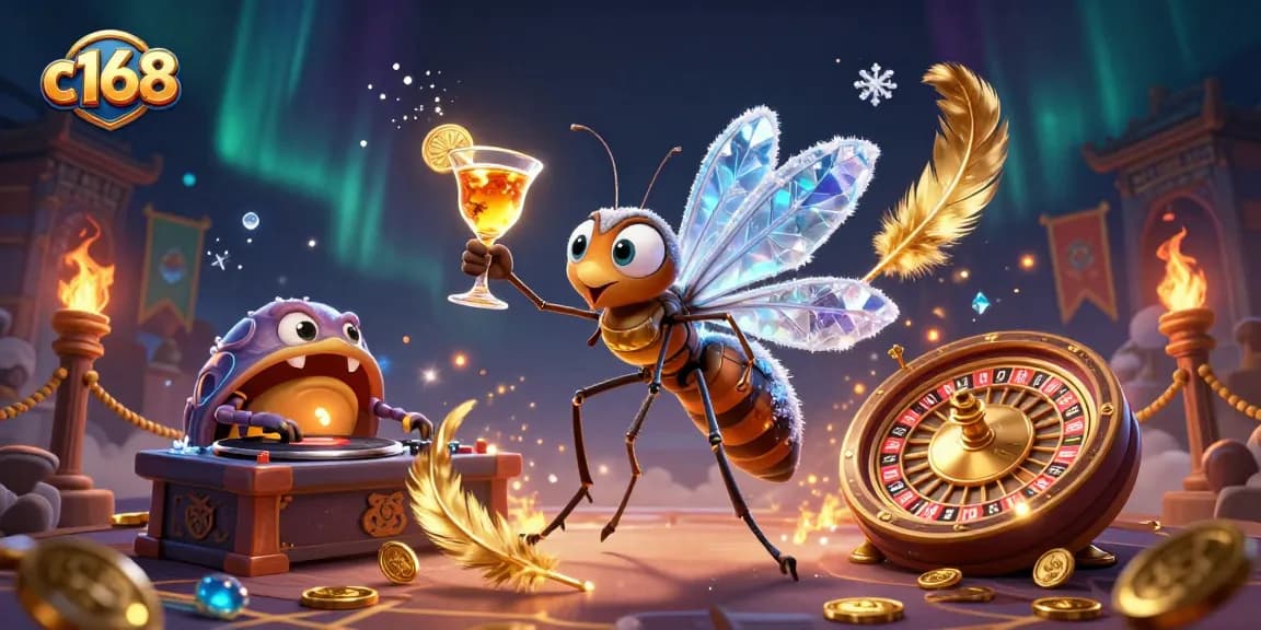 Experience the excitement of c168 casino with a dynamic illustration of a frozen mosquito mascot, trilobite DJ, and golden roulette wheel.
