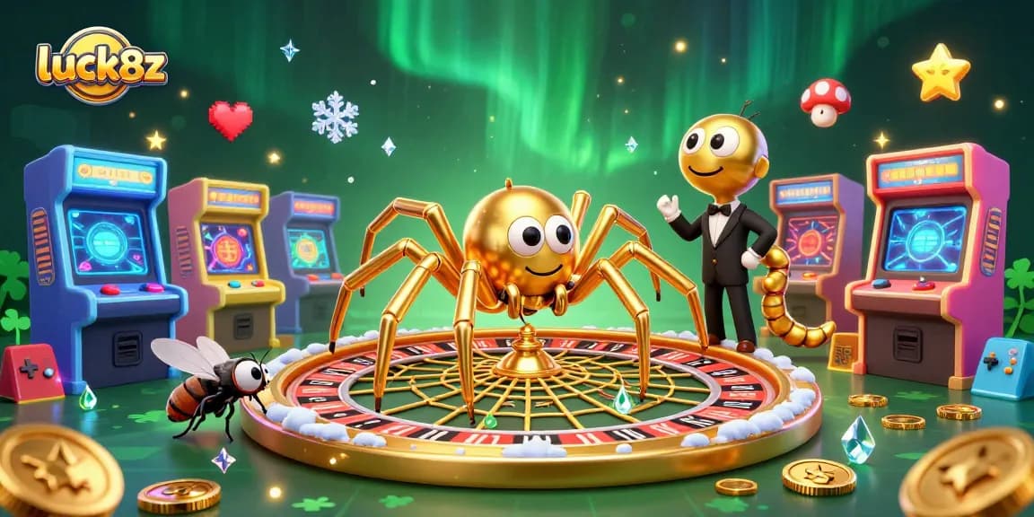 Engage in thrilling bets at luck8z with a dynamic casino scene featuring a golden spider and roulette wheel.