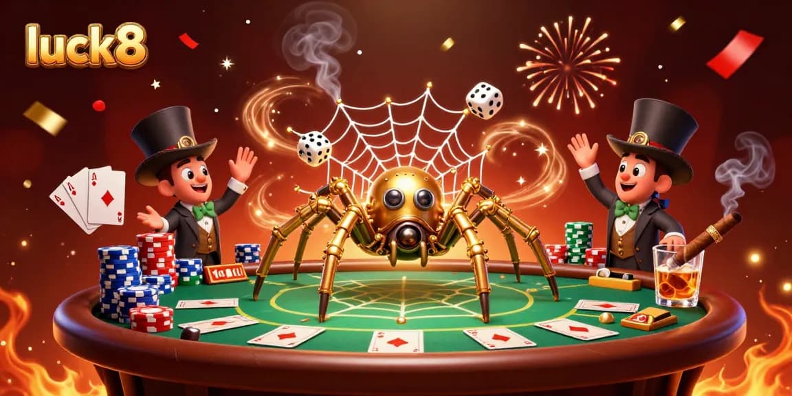Engage in thrilling gameplay at luck8, showcasing steampunk spider and poker action amidst a vibrant casino scene.