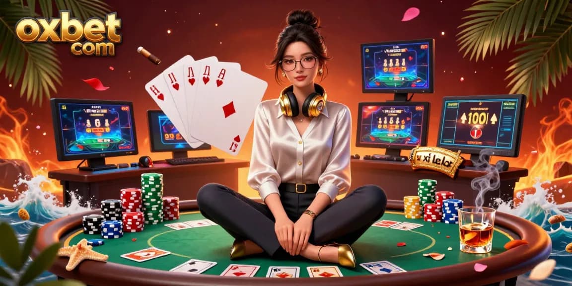 Experience the thrill at oxbet com with poker chips, a dramatic royal flush, and vibrant gaming setup.