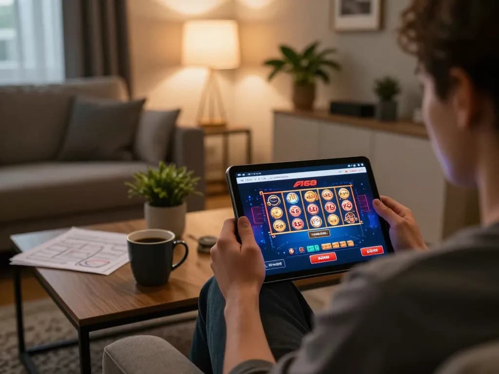 Engaging in F168 online casino gaming on a cozy living room tablet, showcasing a user-friendly interface.