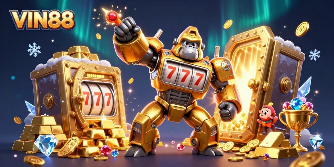 Engage with an exciting scene from VIN88 featuring a golden gorilla mech and slot machine elements.