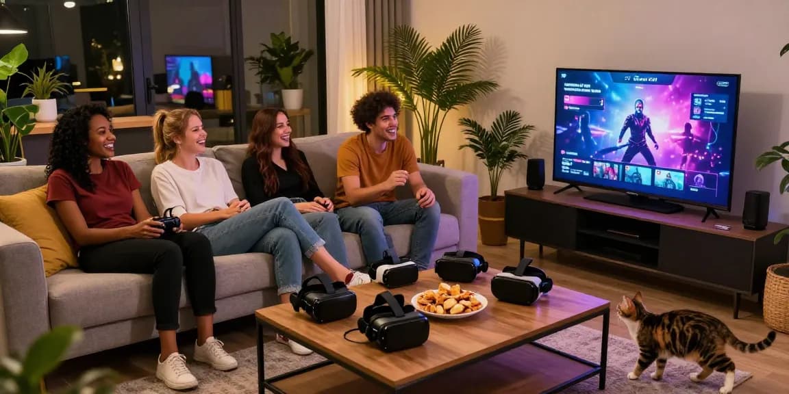 Friends enjoying sex games online in a stylish living room