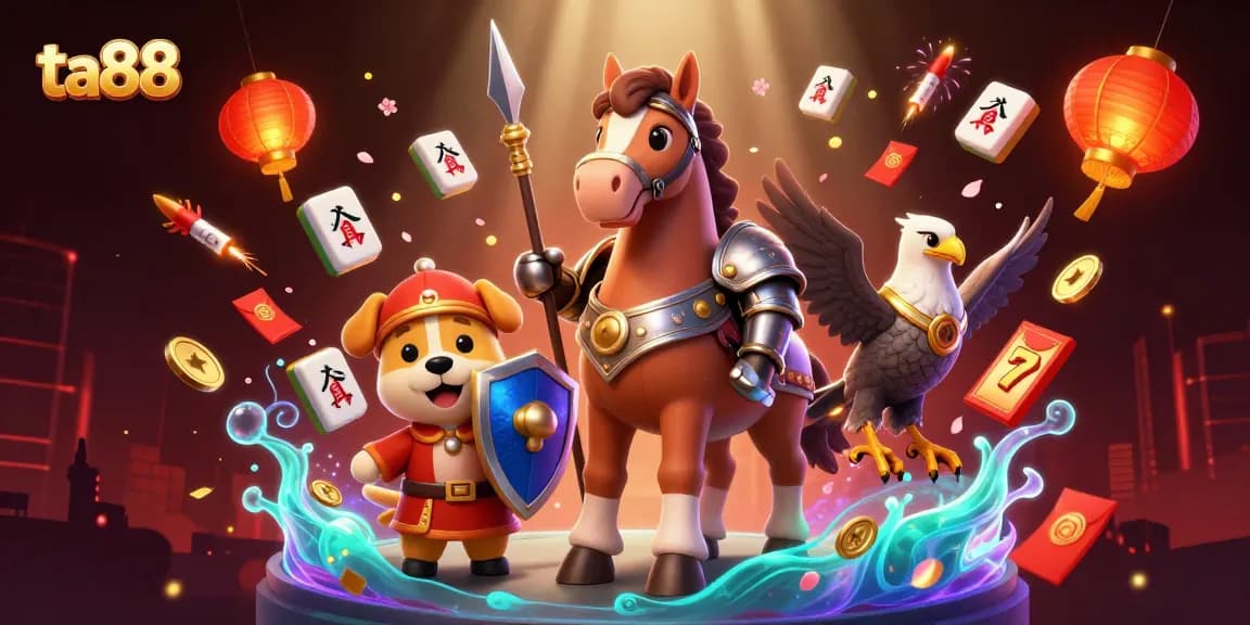 Experience the excitement of ta88 with a dynamic 3D scene featuring gaming characters and rich casino elements.