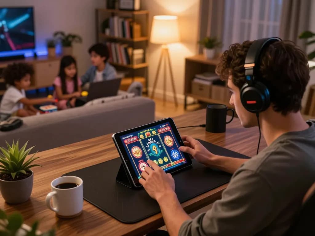 Engaging scene of a player enjoying fun 88 slots on a tablet, cozy home atmosphere with ambient lighting.
