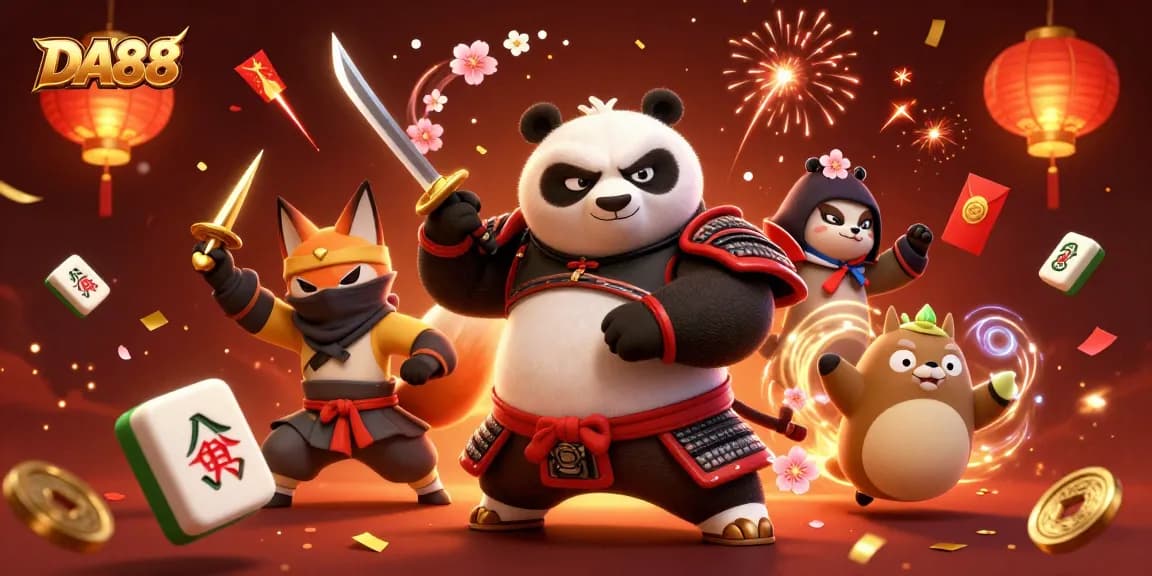 Engage with DA88's thrilling gameplay featuring samurai panda and ninja fox in a vibrant casino world.