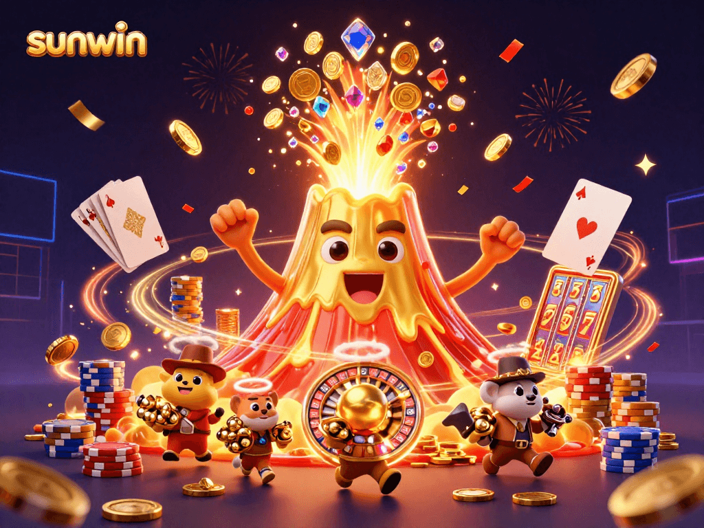 Experience the excitement of sunwin with treasures erupting from a golden volcano in this vibrant casino scene.