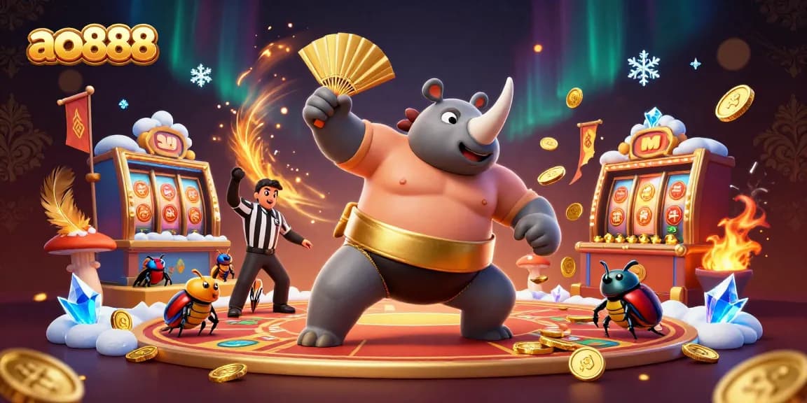 Engage with the ao888 casino experience featuring a sumo beetle champion and vibrant slot action