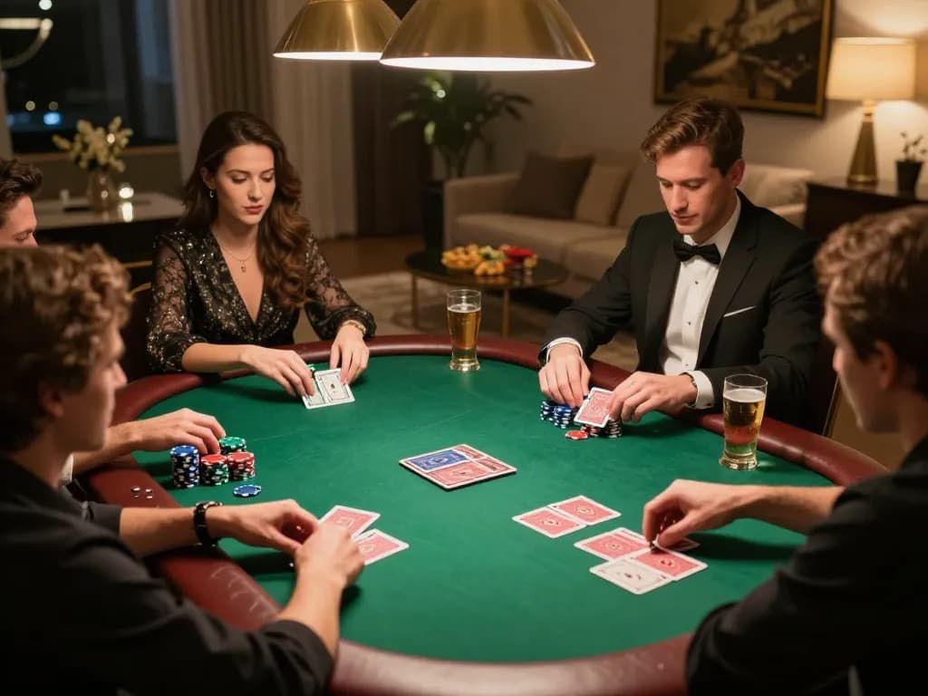 Friends enjoying a poker night at home, showcasing FIVE88 gaming excitement and friendly competition.