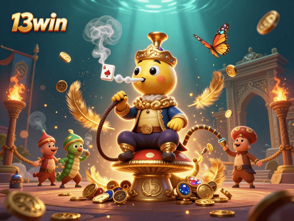 Join the 13win adventure with vibrant illustrations of a hookah-master and gaming symbols.